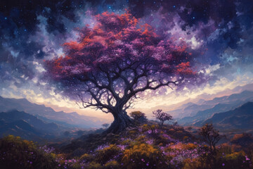 A painting of a lush and vibrant purple landscape, with a tree in the foreground. The landscape is filled with rolling hills, dotted with clusters of purple flowers and shrubs. Generative Ai