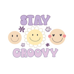 Stay groovy. Cartoon peace sign, flowers, hand drawing lettering, décor elements. colorful vector illustration, retro style. design for cards, print, posters, logo, cover