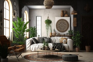 Bohemian living room interior - 3d render stock photo Living Room, Home Interior, Indoors, Apartment, Modern. Generative Ai.