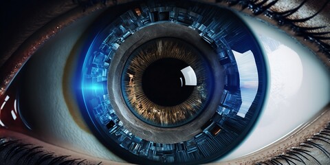 Digital Eye: Close-Up of Eye with a Universe of Technology and Data, AI Generated