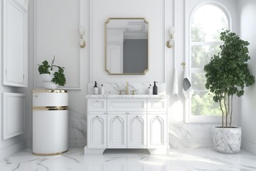 Elegant white bathroom interior with marble white countertop with copy space and bathroom appliances product. Generative Ai.