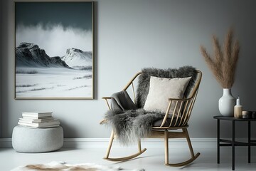 Empty wall in Scandinavian style interior with armchair. Minimalist interior design. Generative Ai.