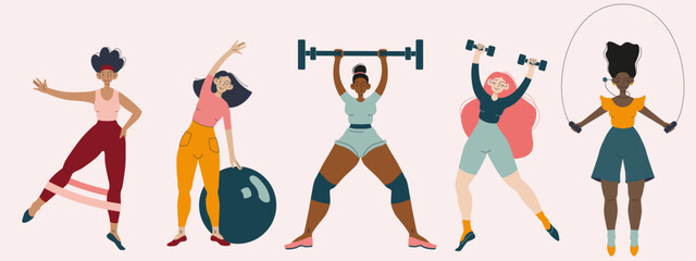 Set of cute girls doing fitness workout. Fitness, Sport center, Healthy lifestyle, Workout concept. Women training. Vector illustration for poster, banner, website, placecard, flyer.