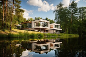 Fototapeta na wymiar modern house in the woods with large windows contemporary design generative ai