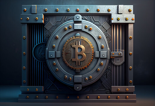 Safe Deposit. Symbol of cryptocurrency safety. Small Residential Vault with physical bitcoin. Toned soft focus picture. Copy space