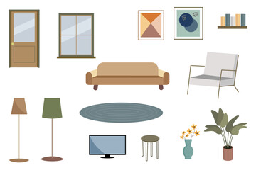 Set of furniture. Interior of modern minimalistic living room. Armchair, bookshelf, sofa, carpet, window, door, tv, home plant, lamp. Flat vector.