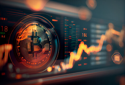 Bitcoin and cryptocurrency investing concept. Bitcoin cryptocurrency coins. Trading on the cryptocurrency exchange. Trends in bitcoin exchange rates. Rise and fall charts of bitcoin.