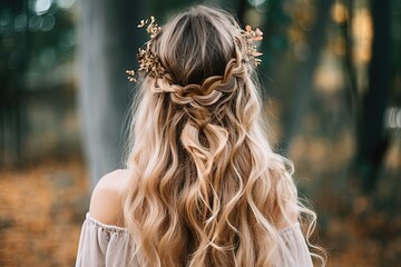 pretty beautiful braiding hairstyle, blond hair bridal bohemian hairstyle in nature landscape, Generative Ai - obrazy, fototapety, plakaty