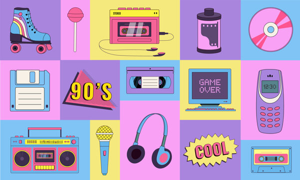 Collection of 90s elements: old pc, phone, audio player, cassette, CD, microphone, headphones, floppy disk, roller skate. Geometric poster in pop art style. Flat vector illustration