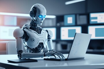 Fototapeta premium Artificial Intelligence in the Workplace: Humanoid Robot Chatting with Humans, AI Generated