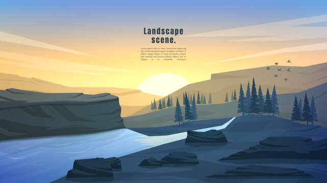 Vector illustration. Flat polygonal landscape. Clear sky background. Mountain river by forest trees and rocks. Graphic modern wallpaper. Abstract art. Design element for web banner, website template