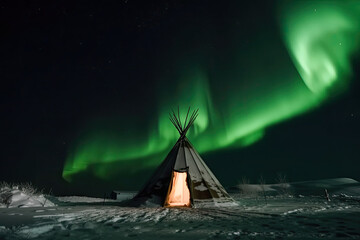 a living house for an expedition in the arctic north in winter in the snow against a backdrop of the glowing northern lights at night, stars in the sky, generative AI