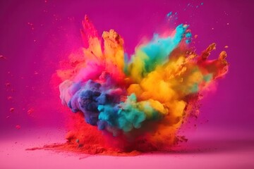 Colourful paint splashes in the shape of a love heart, Coloured powder explosion. Paint holi, Mix rainbow splash on isolated colourful background - Generative AI Illustration
