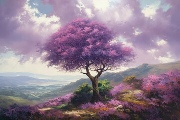 Obraz na płótnie Canvas The sky is a soft shade of purple, with a few white clouds drifting by. The tree in the foreground is a peaceful and picturesque specimen. Generative Ai