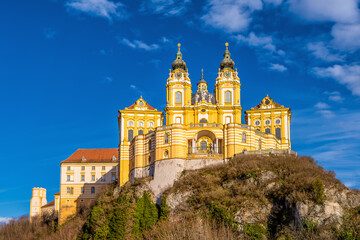 Fototapeta na wymiar Scenic view of Melk Abbey in Austria against dramatic winter sky