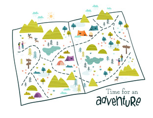 Cute hand drawn vector map with camping doodles, tents, landscape and trails, great for textiles, banners, wallpapers - obrazy, fototapety, plakaty