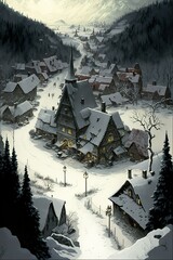 Verschneites Dorf
