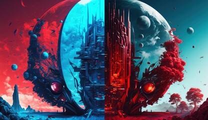 Two sides of the futuristic worlds at game in red and blue color. Postproducted generative AI digital illustration.