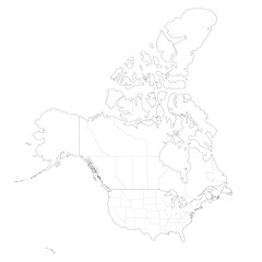 United States and Canada political map of administrative divisions. Blank black outline vector map