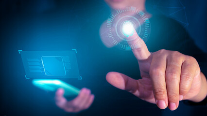 Businesswoman using mobile smartphone and pointing on futuristic interface. Global Internet Connectivity Technology for Business. Innovation technology internet and business concept.