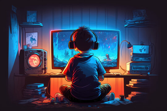 The Child Is Sitting In Front Of A Computer Screen. The Boy Is Playing Computer Games Or Watching TV In His Room, A View From The Back. Creative Template Of Kids Computer Addiction. Generative AI Art.