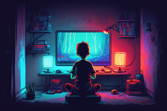 The Child Is Sitting In Front Of A Computer Screen. The Boy Is Playing Computer Games Or Watching TV In His Room, A View From Back. Creative Concept Of Kids Computer Addiction. Generative AI Art.