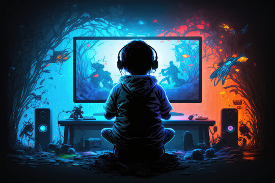 The child is sitting in front of a computer screen. The boy is playing computer games or watching TV in his room, a view from the back. Creative art of kids computer addiction. Generative AI art.