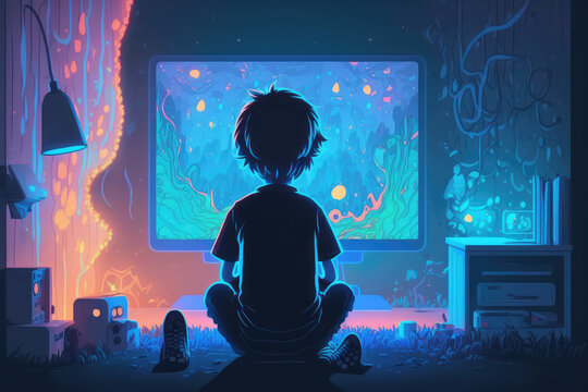 The child is sitting in front of a computer screen. The boy is playing computer games in his room, a view from the back. Creative concept of kids computer addiction. Generative AI art.