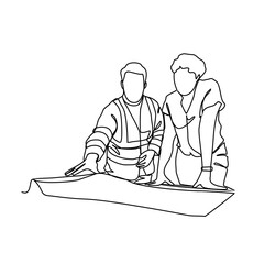One continuous line drawing of construction engineer discussion in the site project. Construction Project design concept with simple linear style. Construction Project vector design illustration conc