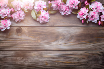 Fototapeta na wymiar a wooden background with pink flowers on it