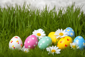 colorful easter eggs in the grass with daisies