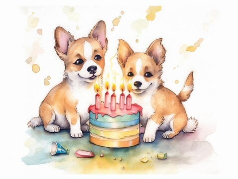 happy puppies playing with birthday cake - watercolor illustration on transparent background, ideal for pet lovers, pet-themed designs, and birthday celebration projects. generative ai