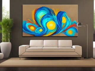 Indoors of a living room interior, inside a home, flat, apartment, with abstract art painting on wall, with a stylish, modern furniture, contemporary decor, design and architecture - generative AI
