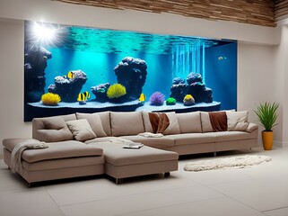 Indoors of a living room interior with aquarium and fish, inside a modern home, flat, apartment, with a stylish, modern furniture, contemporary decor, design and architecture - generative AI
