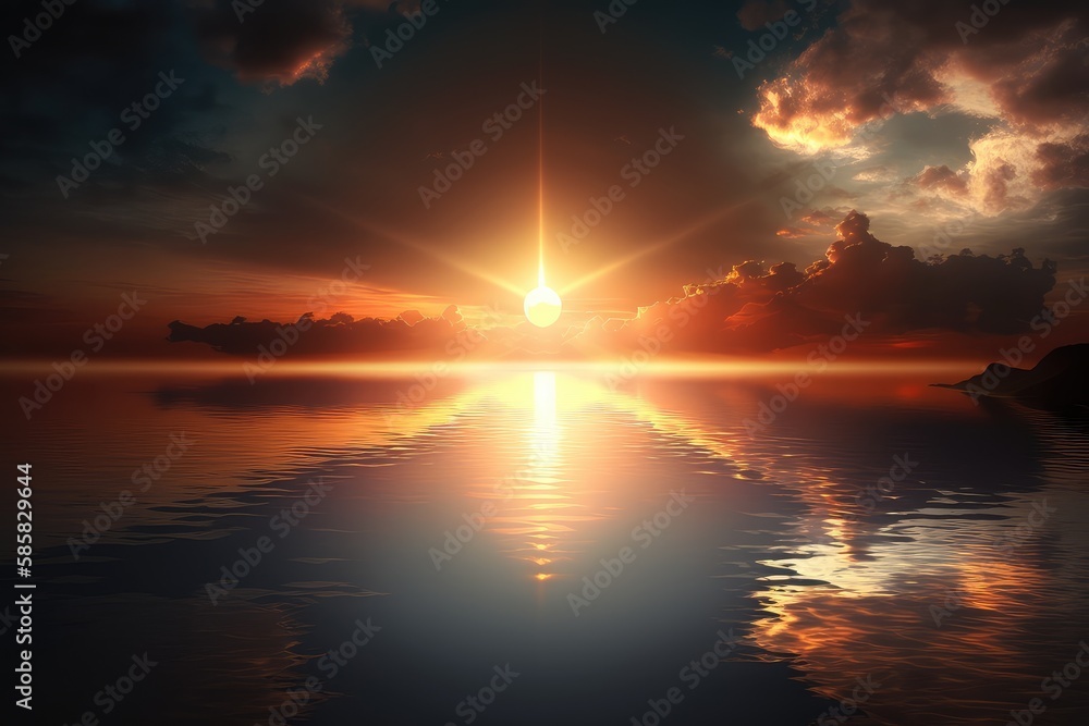 Poster mind of god, represented by peaceful and serene sunrise, bringing new day, created with generative ai