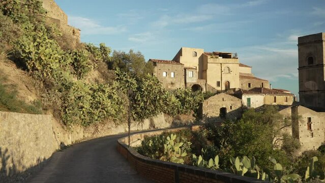 Castle overlooking town of Savoca at sunset, Savoca, Sicily, Italy, Mediterranean, Europe