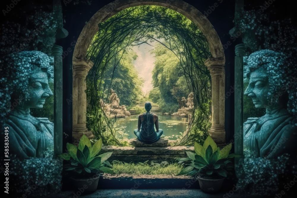 Wall mural person, meditating in peaceful and tranquil environment, with their mind connected to the mind of god, created with generative ai