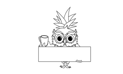 Owl black and white with a poster and a cup