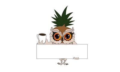 Owl with cup and poster