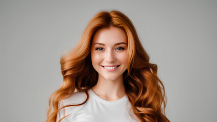 Fototapeta premium Portrait of young beautiful woman with red hairstyle and white top. Cleavage. Model studio shot. Copy space. Generative AI