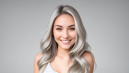 Obraz na płótnie Canvas Young smiling woman portrait with grey hair and white top. Isolated on grey background. Copy space. Generative AI