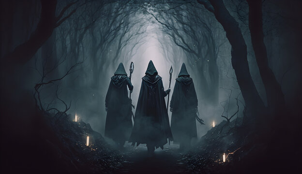 scary halloween background for three witchers walking in the hall of the forest -AI Generative 
