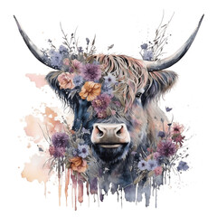 Watercolor Scottish highland cow. Beautiful highland cow with flowers on her head floral headband. Generative AI	
