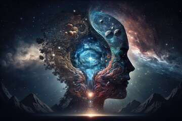 mind of god, with view of the universe and its many galaxies and stars, created with generative ai