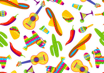 Cinco de Mayo seamless pattern. Mexican holiday items.