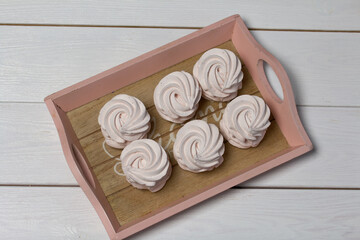 Marshmallows on trays. Homemade zephyr. Close-up.