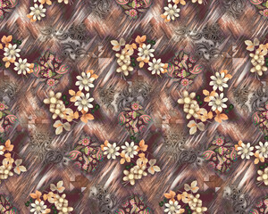 seamless watercolor pattern with garden pink, yellow flowers, leaves, branches. Botanic tile, background.