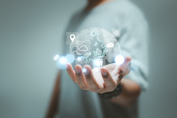 Businessman connects globally with investors, customers for sale data exchange and business development. Technology and digital marketing involved.