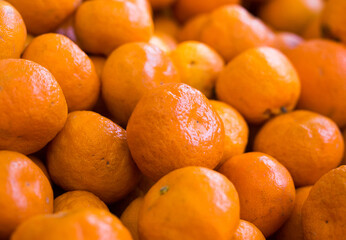 apetitic juicy farm mandarins at market counter