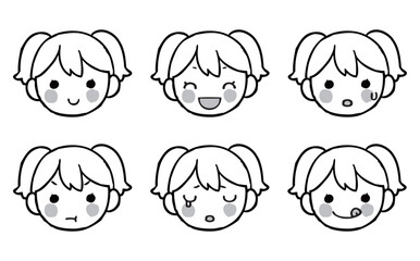 いろいろな表情の女の子のイラストセット　モノクロ